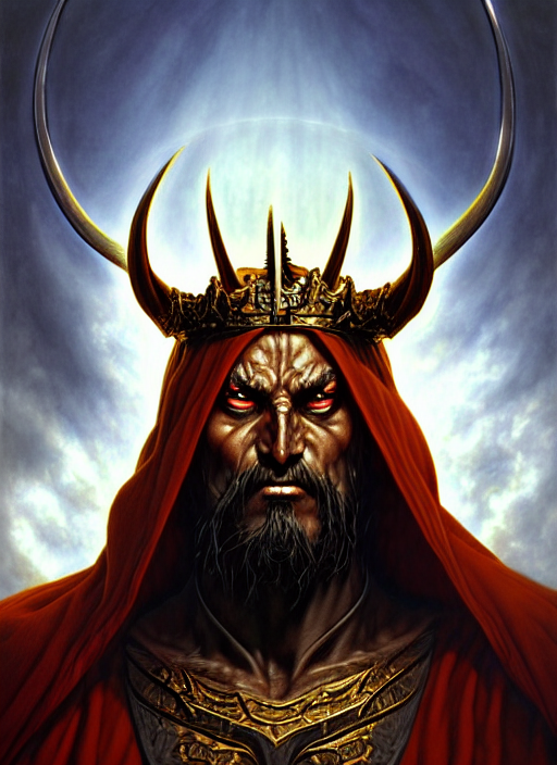 Centered Fineart Illustration Of Demon King, Realistic Chara... — Stable Diffusion AI Prompt: centered fineart illustration of demon king, realistic character concept, gazing...