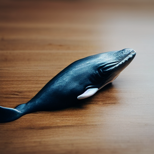 Animated Miniature Whale  Sitting On A  Wooden Table , Focal...