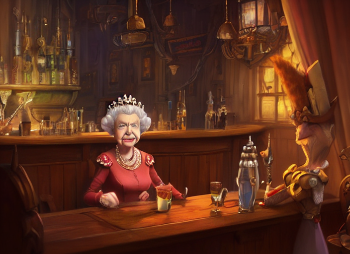 Grumpy Queen Elizabeth Sitting In A Bar, Fantasy, Concept Ar...