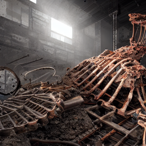 A Biomechanical Rusty Skeleton Sticking Out Of A Pile Of Rub...