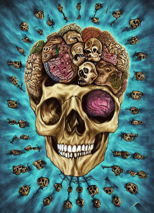 King Skull Portrait, Surrounded By Brains, Surreal Fantasy — Stable Diffusion AI Prompt: king skull portrait, surrounded by brains, surreal fantasy