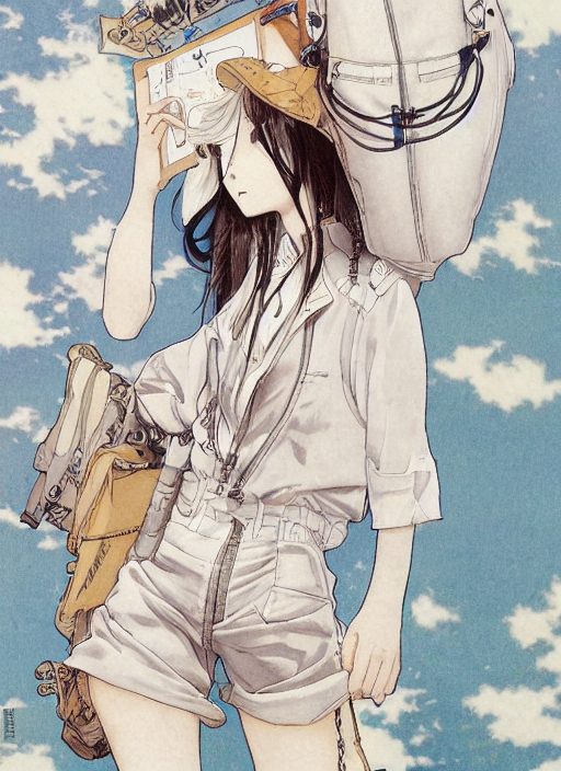 A Realistic Manga Portrait Of Girl White Shirt And Denim Sho...