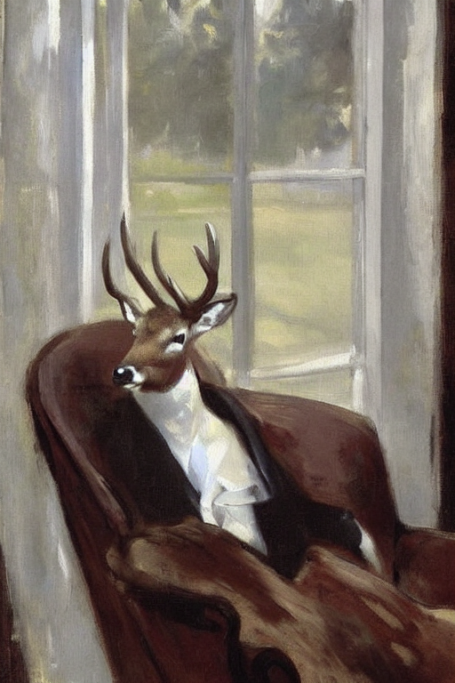 A Painting Of A Buck In Suit Sitting On A Sofa Near A Window...