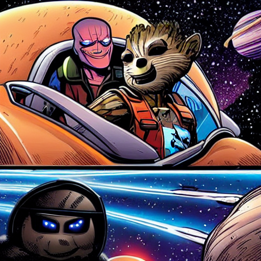Two Characters, Groot And Rocket Raccoon Driving Future Car...
