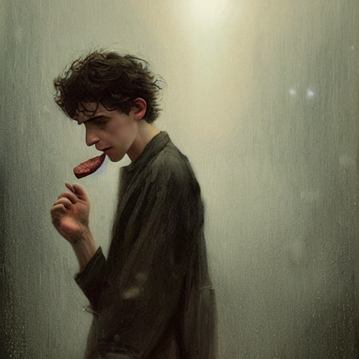 Timothee Chalamet Eating Salami, Raining, Close Up, Rim Ligh...