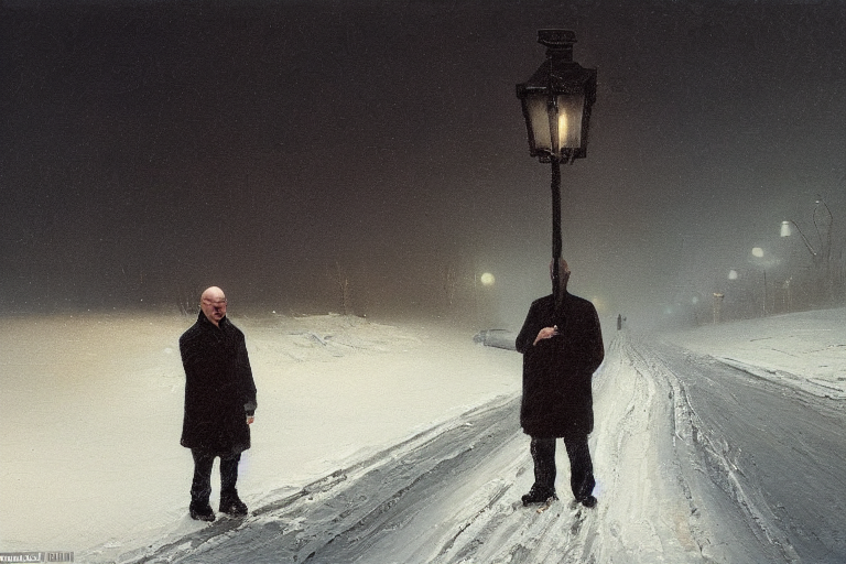A Thin Bald Grandfather Without Eyes Stands On A Snowy Road...