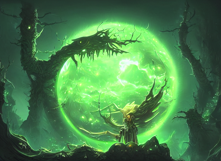A Gigantic Evil Glowing Green Orb With Dark Magic, Extremely...