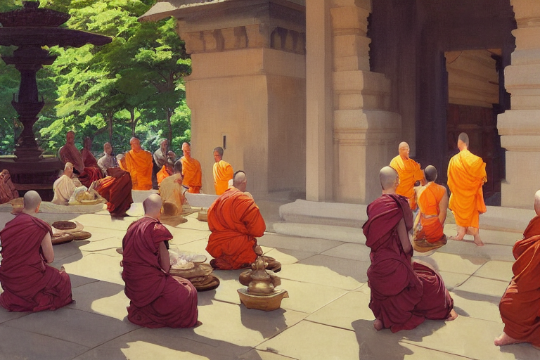 1 9 Century, Buddha Statue In Buddha Temple, Crowd Of Monks...