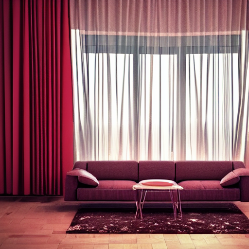 A Living Room With A Couch, Red Curtains, Chair, Lamp And A...