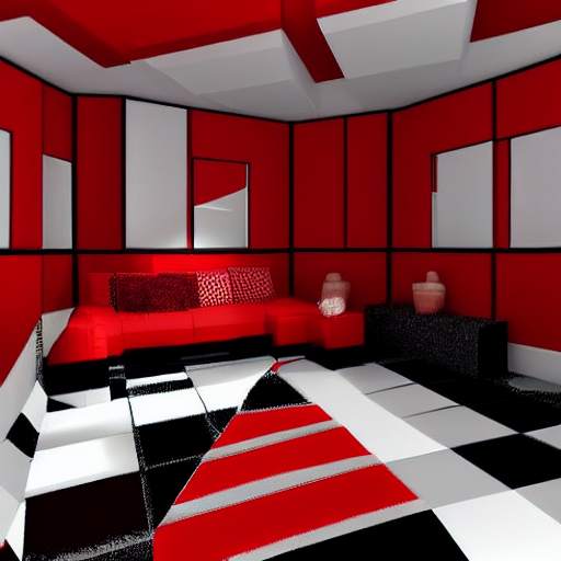 A Living Room With A Black And White Chevron Floor, With Wal...