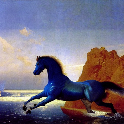 A Chrome Horse Running In Flowing Sheets Of Cobalt Blue Gold...