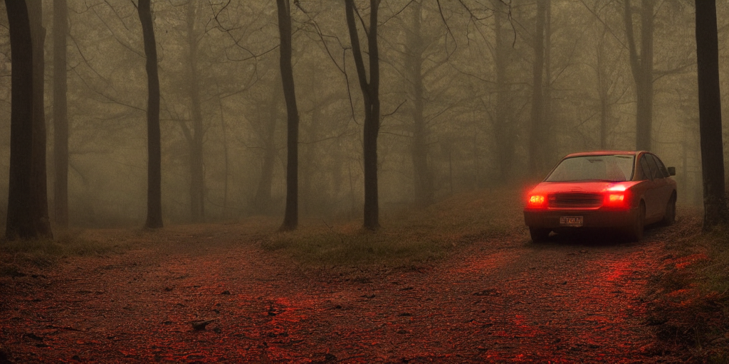 Old Dark Car With Red Lights In The Woods, Pacific Northwest...