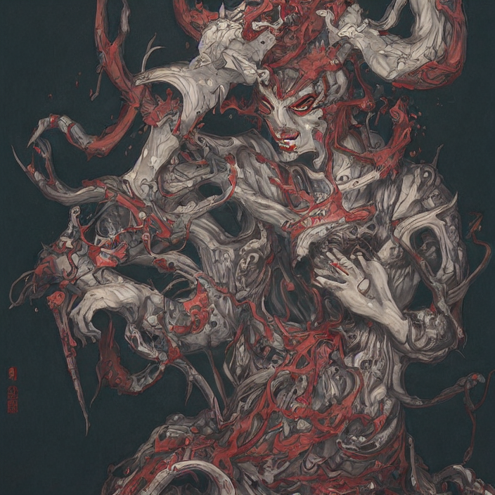 A Painting Of A Japanese Demon By James Jean, Dark Fantasy A...