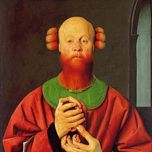 Oil Painting By Jan Van Eyck Of A Man Holding A Turkey Leg O... — Stable Diffusion AI Prompt: oil painting by jan van eyck of a man holding a turkey leg over his head.