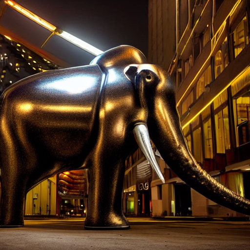 A Cyborg Elephant Made Of Metal In A Large City, Shiny, Cine...