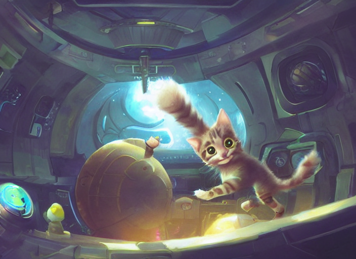Cute Fuzzy Kitten Playing In A Space Station, Fantasy, Conce...