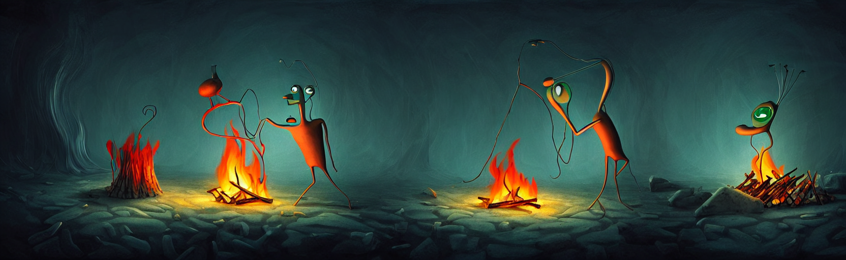 Whimsical Mythical Plankton Sitting Around A Fire In A Human...