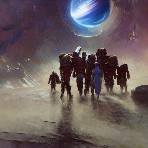 Space Colonists Stepping Off Their Ship And Looking In Awe A...