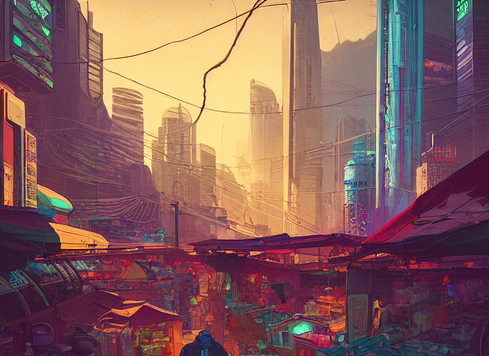 Scifi Cyberpunk Mysterious Local Market On The River Side Do... — Stable Diffusion AI Prompt: scifi cyberpunk mysterious local market on the river side downtown ; clear compo...