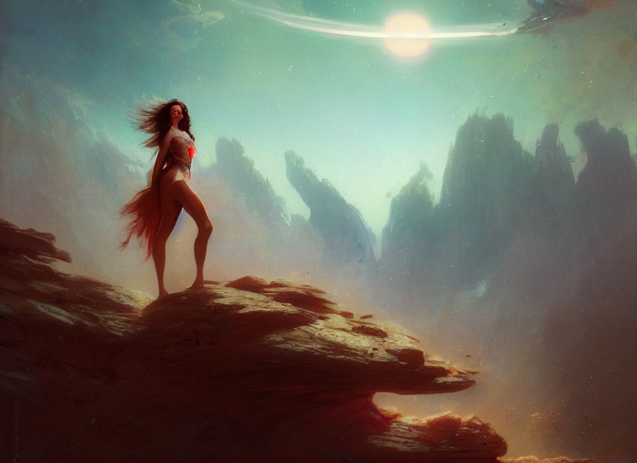 A Beautiful Woman With Long, Flowy Hair Standing On A Rock,...