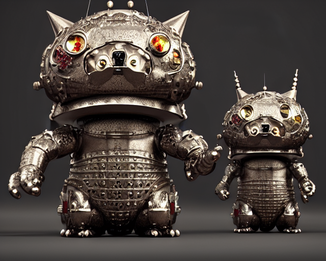 Portrait Of Tin Toy Fuzzy Kaiju Cats Wearing Armour In Victo...