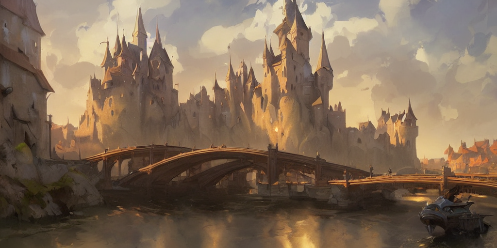 Concept Art Of A Medieval Town With Bridges And Castles Next...