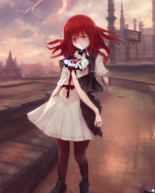 Redhead Bombshell Anime Girl Wearing Brown Lolita Dress, Mob... — Stable Diffusion AI Prompt: redhead bombshell anime girl wearing brown lolita dress, mob cap red shoes, tie....