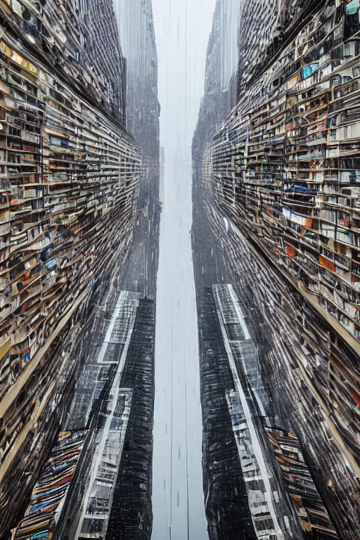 Giant Skyscraper Bookshelves Looming Over A Wet Reflective C...