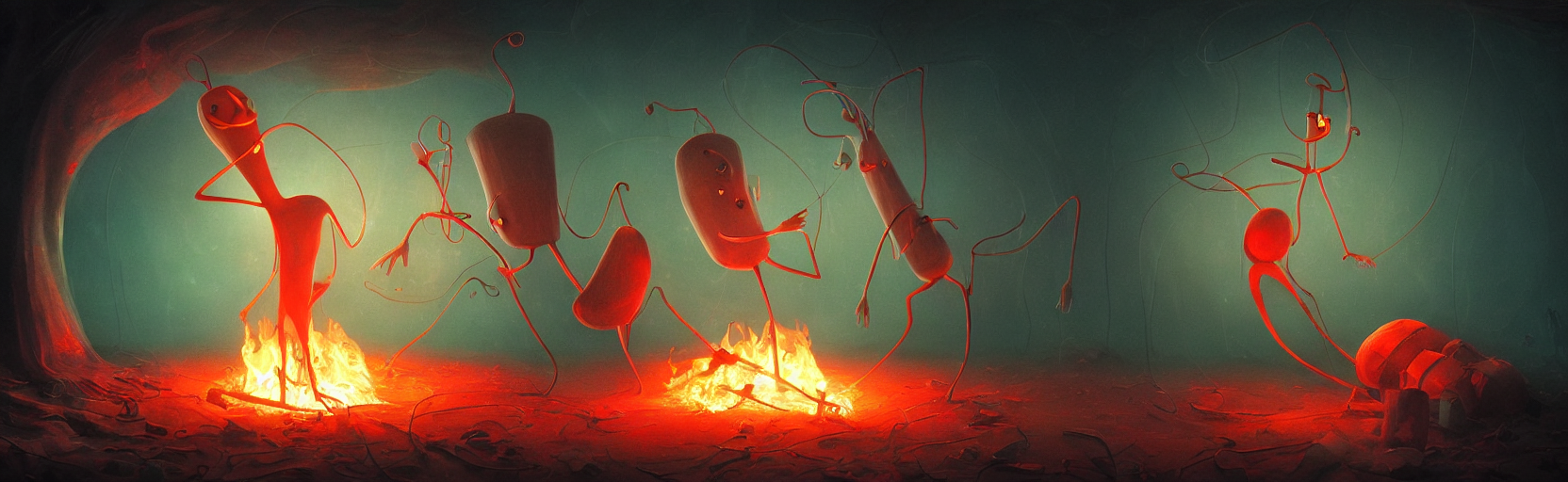 Whimsical Mythical Plankton Sitting Around A Fire In A Human...