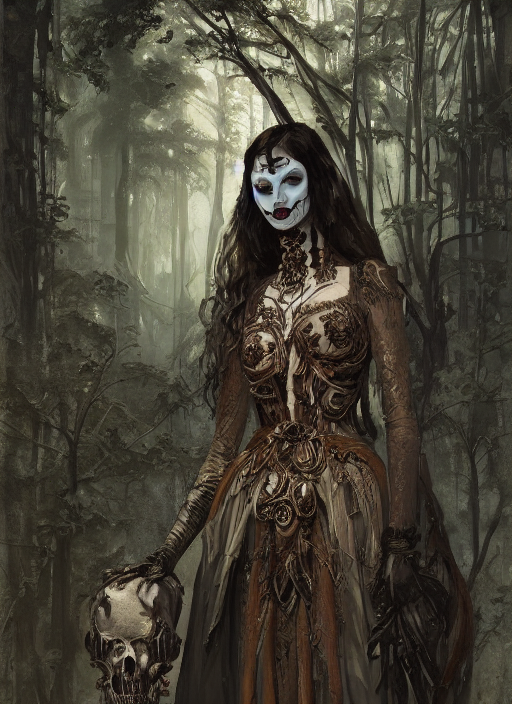 Painted Portrait Of Masked Female Vampire Wearing Ornamented...