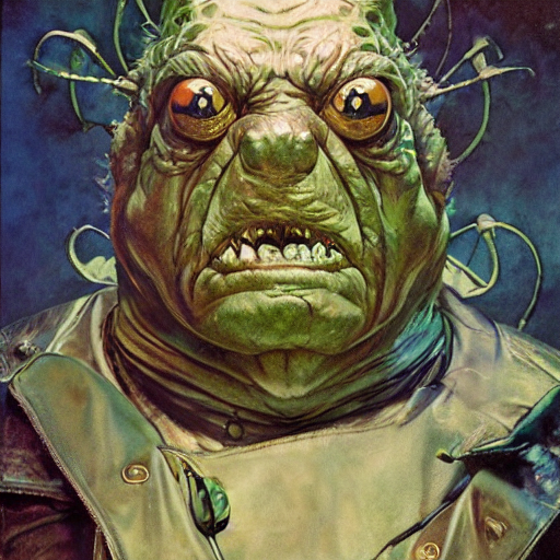 Exaggerated Portrait Of Huge Bioluminescent Toad Demon In Le... — Stable Diffusion AI Prompt: exaggerated portrait of huge bioluminescent toad demon in leather apron, norman...