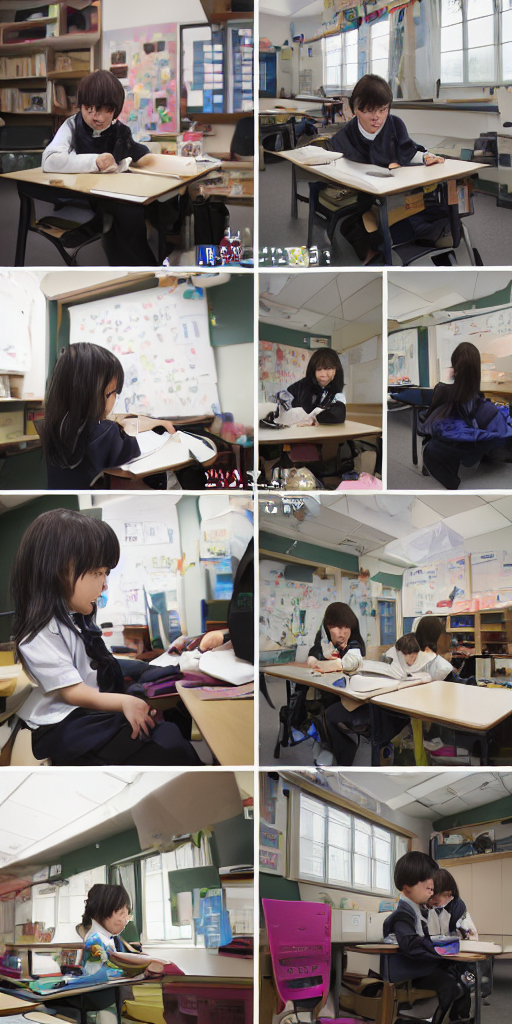 3 Panel Scene, School Girl Sits In A Cozy School Classroom A...