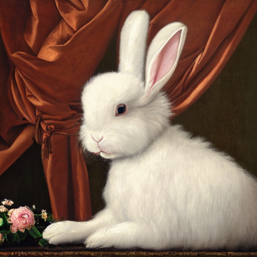 Renaissance Oil Painting Of Fluffy White Lop Eared Bunny Rab...