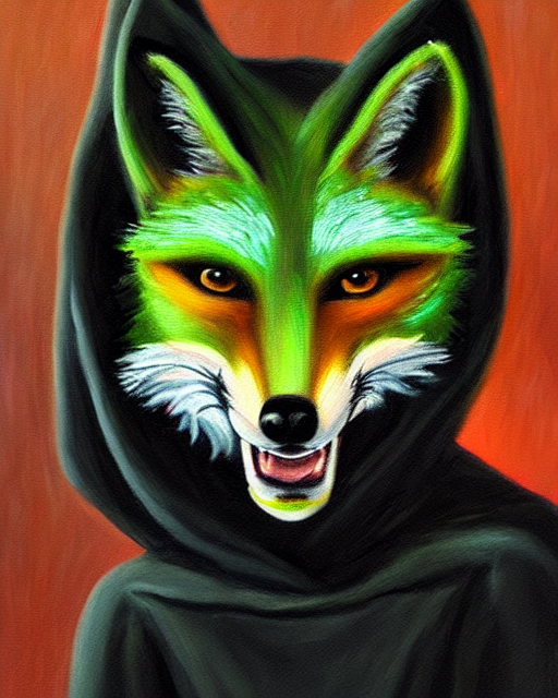 Oil Painting Portrait Of Anthropomorphic Female Green Fox An...