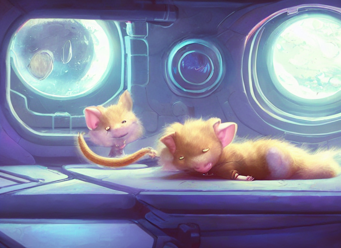 Cute Frizzy Babymouse Sleeping In A Space Station, Fantasy,...