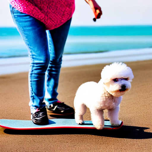 A Cute Bichon Puppy Riding A Skateboard Near A Beach, Profes...