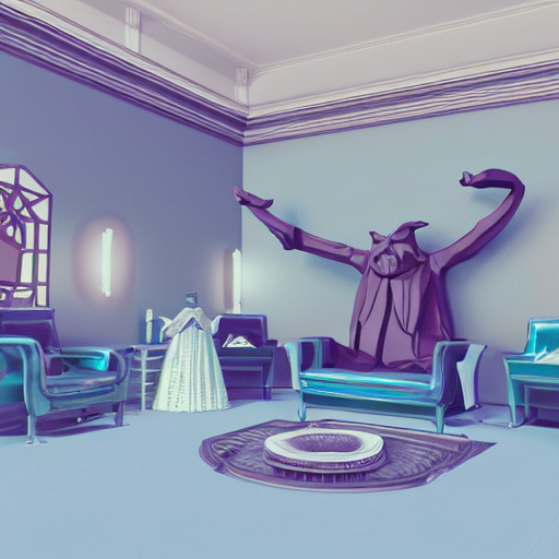 A Satanic Waiting Room With A Baphomet Statue, A Couch, A Ch...