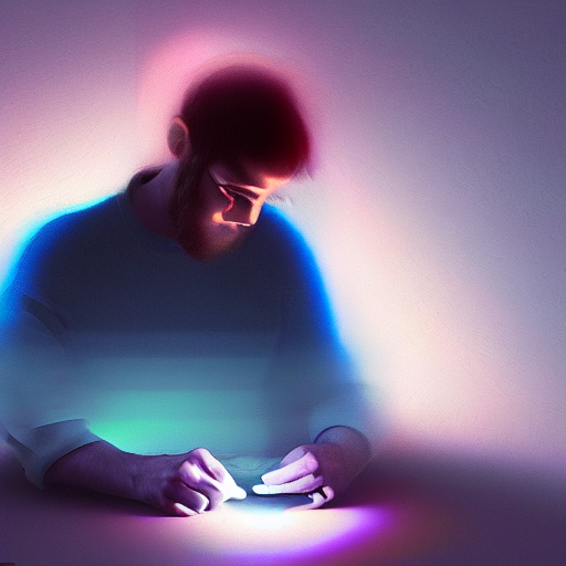 A Man Looking At The Brightly Lit Screen Of Smartphone Slave...