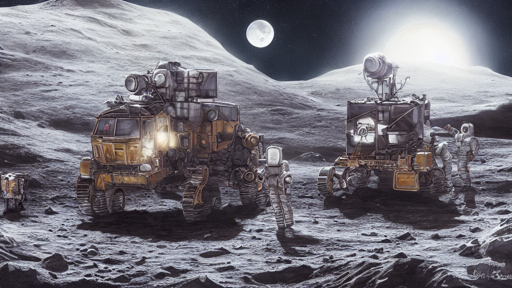 Travelling On A Large Vehicle On The Moon, Digital Art, Illu...