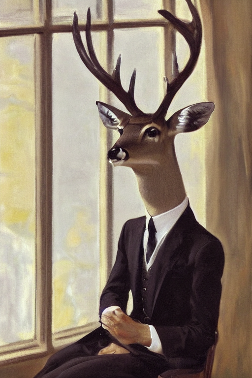 A Portrait Painting Of A Male Deer In Suit Sitting On A Chai... — Stable Diffusion AI Prompt: a portrait painting of a male deer in suit sitting on a chair near a window, by...