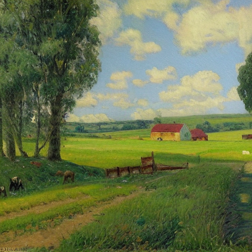 A Pastoral, Bucolic Painting Shows A Farm In A Rural Area, A...