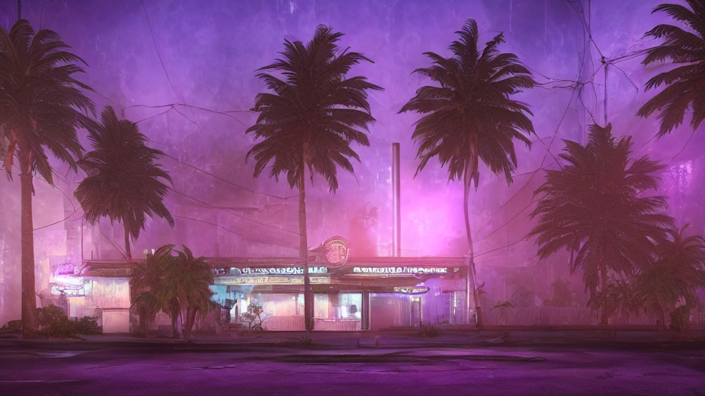 Exterior Of A Decrepit Discotheque At Night, Palm Trees, Pur...