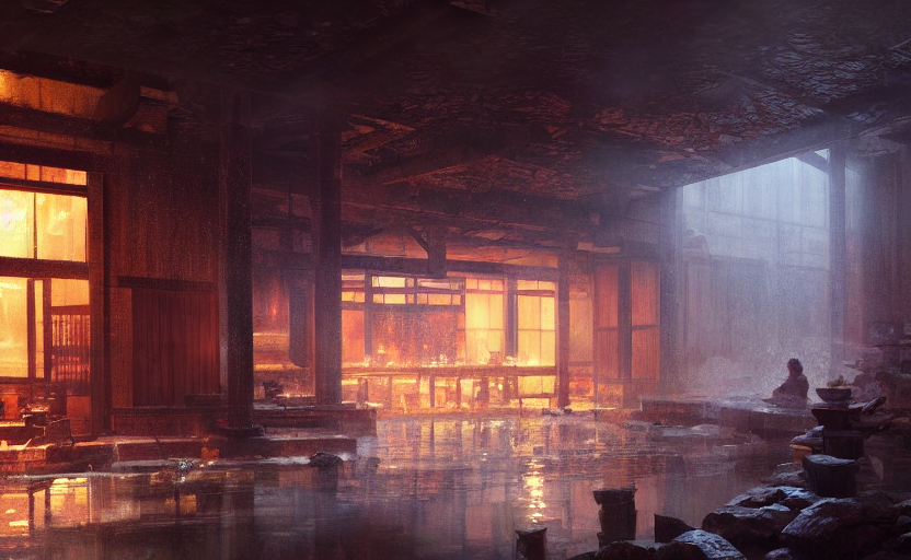 Painting Of Interior Of Cozy Onsen Hot Spring By Greg Rutkow...