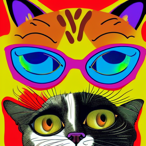 A Cat Wearing A Fake Mustache, Rainbows, Bright Colors, Psyc...