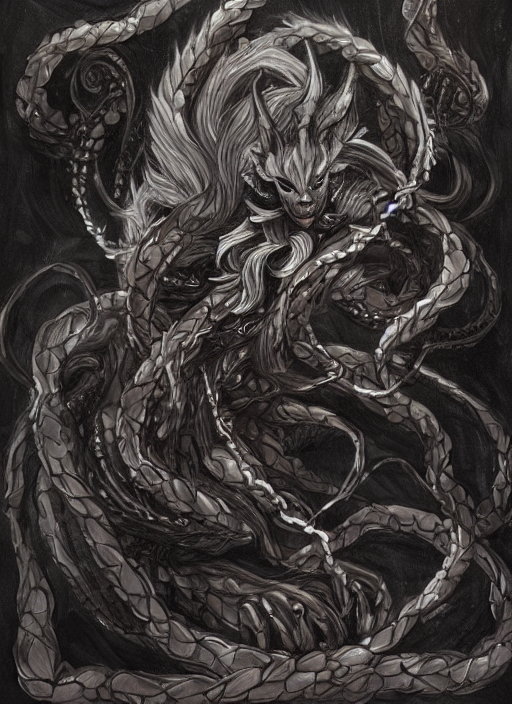 A Studio Portrait Of Ninetails Cultist Of Yog Sothoth Chains... — Stable Diffusion AI Prompt: a studio portrait of ninetails cultist of yog sothoth chains iridium bangles arc...