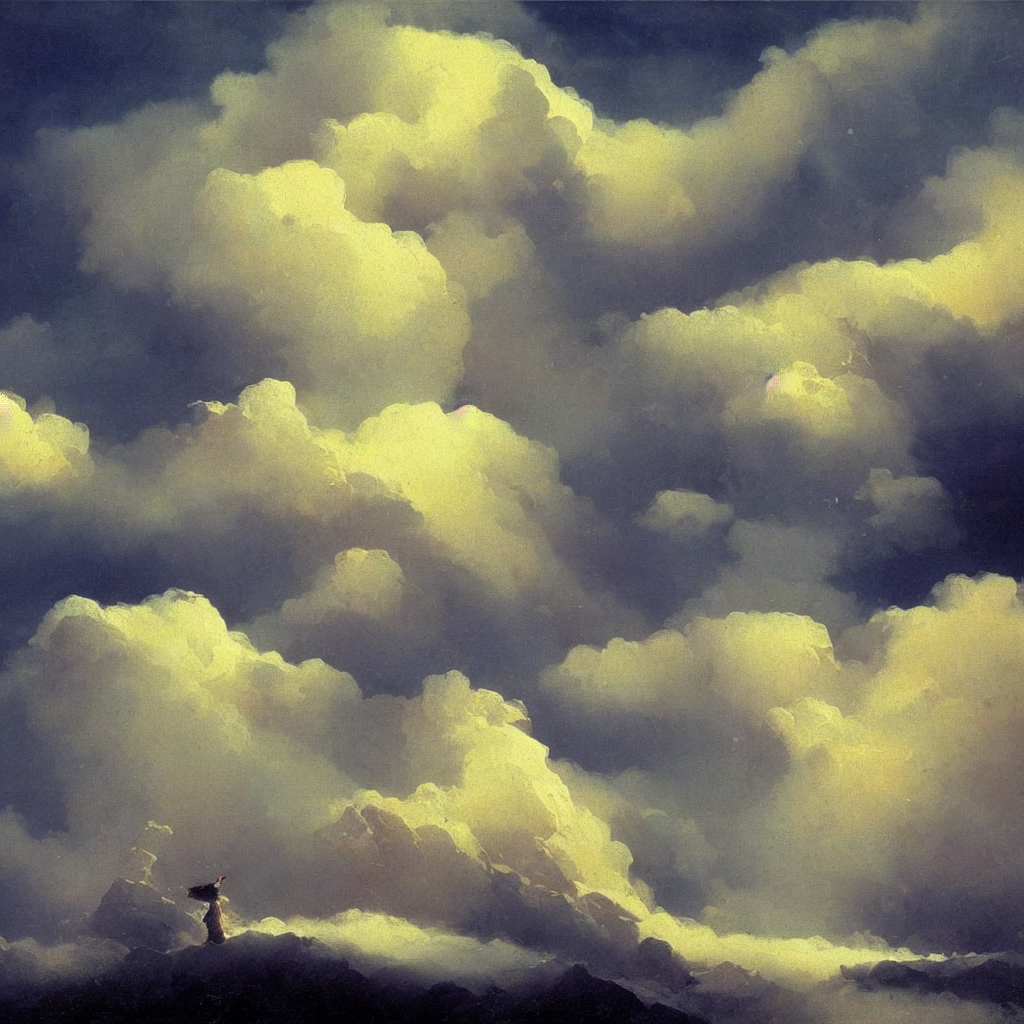 Very Dynamic And Stylized Cloud Formations, A Snowy Mountain...