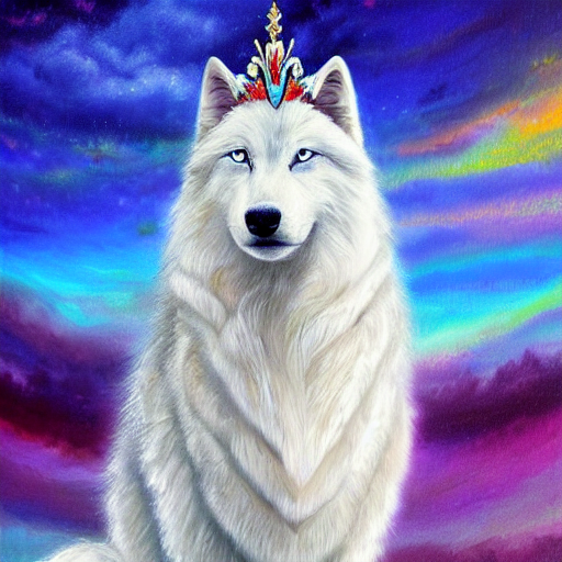 Beautiful Fluffy Long Haired White Wolf Wearing Royal Queen...