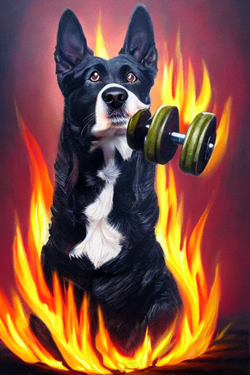A Dog Doing Weights On Fire. Epic Oil Painting.