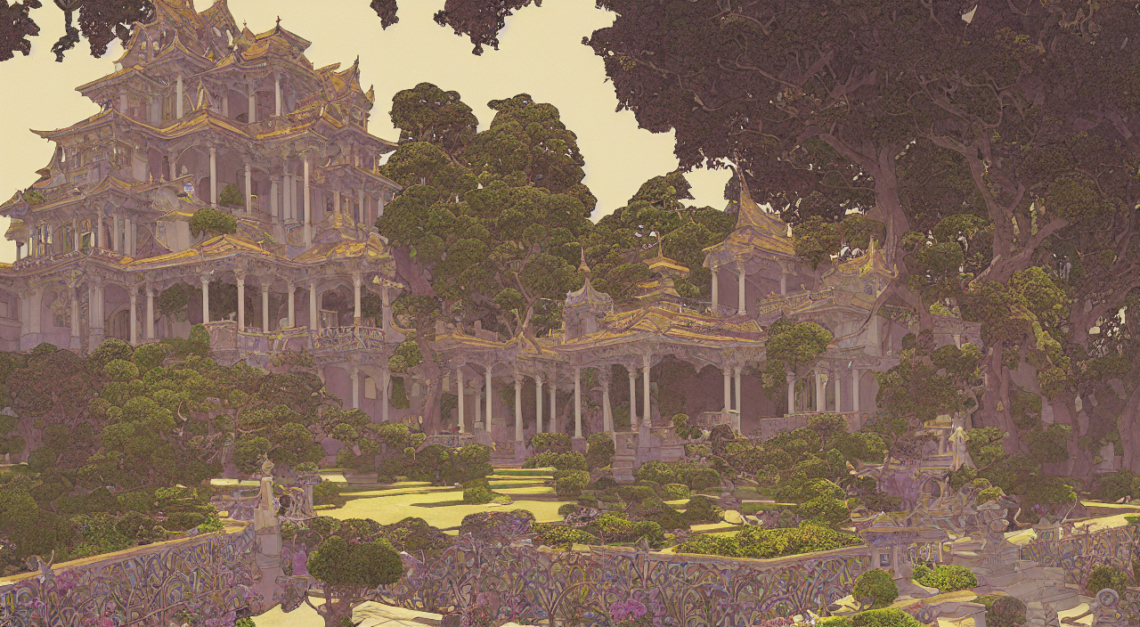Beautiful Ancient Temple In A Formal Garden. By Edmund Dulac...