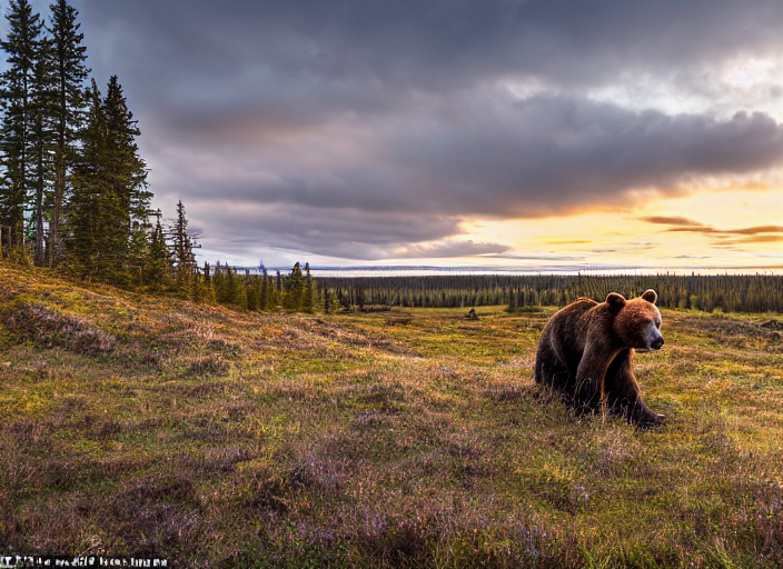 Nordic Mire, Brown Bear In The Foreground, Scenic Sunrise, H...